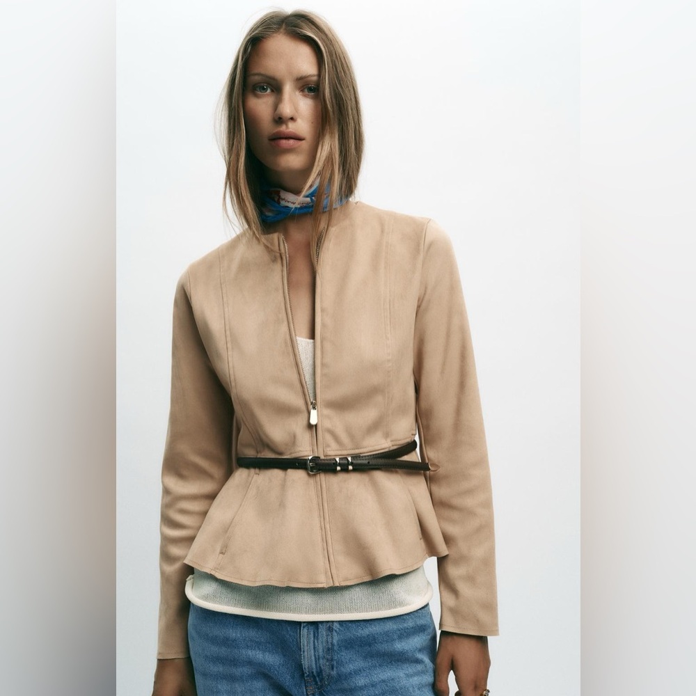 Zara faux suede belted peplum jacket in taupe brown